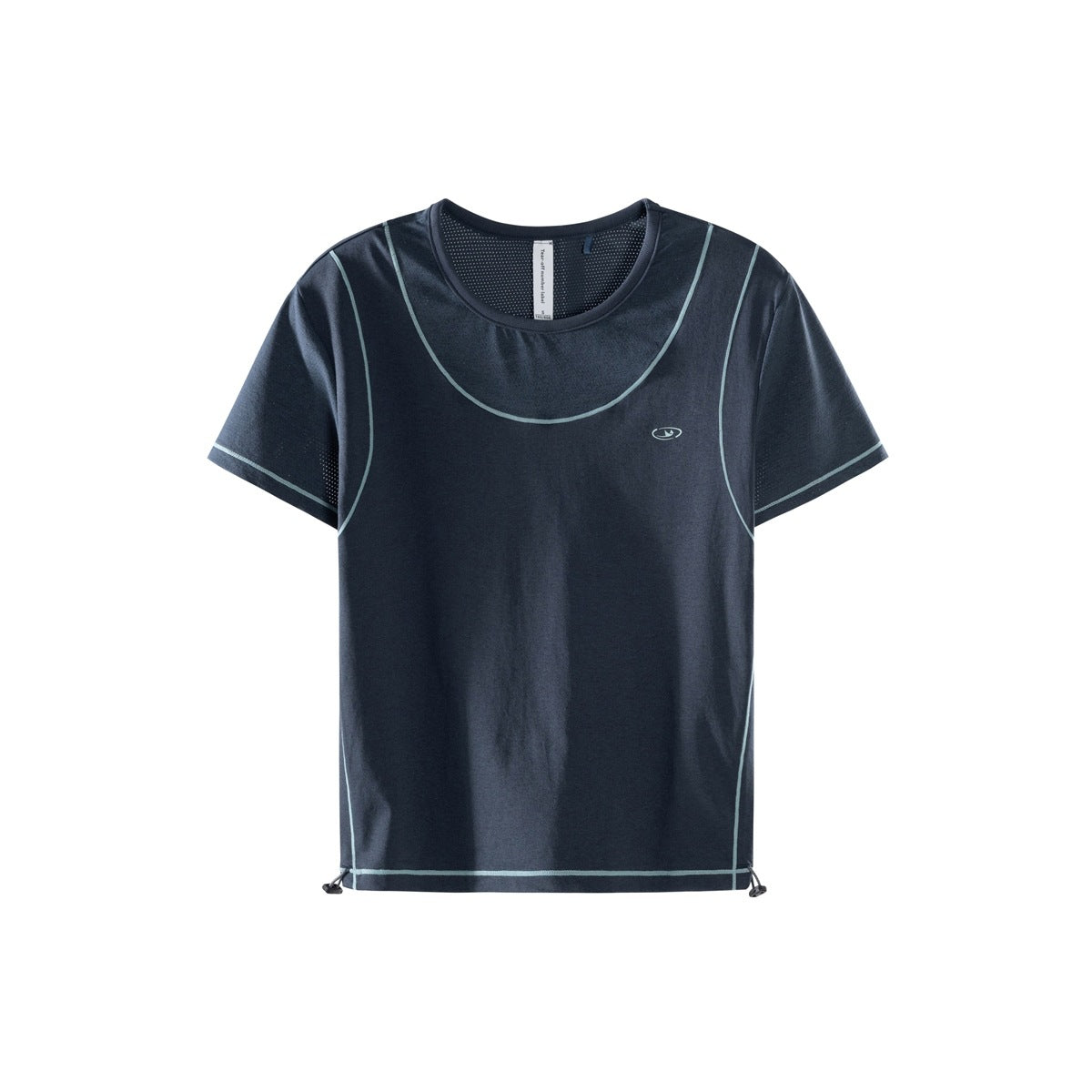 Dark navy short-sleeve t-shirt with light blue contrast topstitching, mesh inner neck panel and side drawcords, flat front