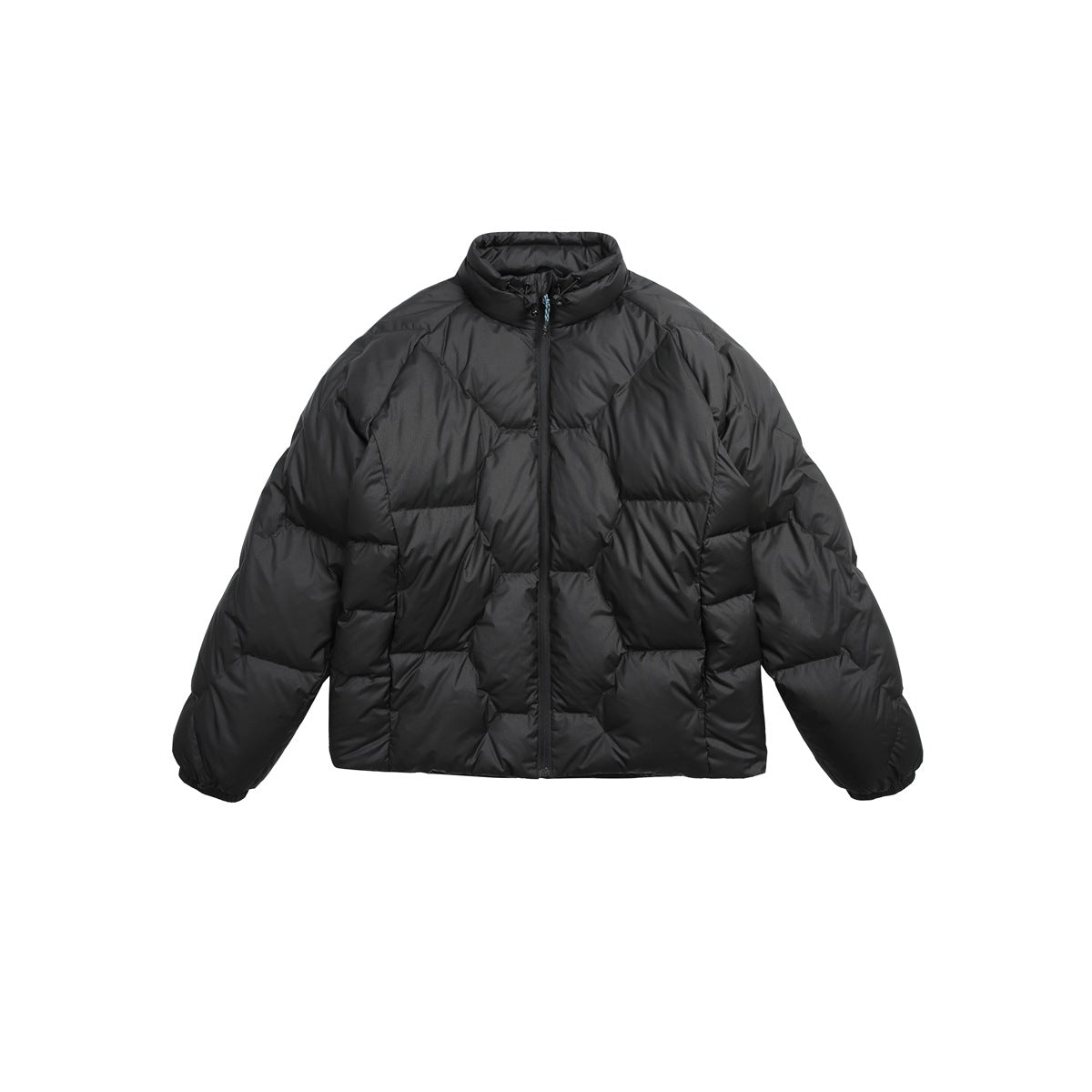 Black hexagon-quilted puffer jacket with stand collar and front zip, flat lay front view