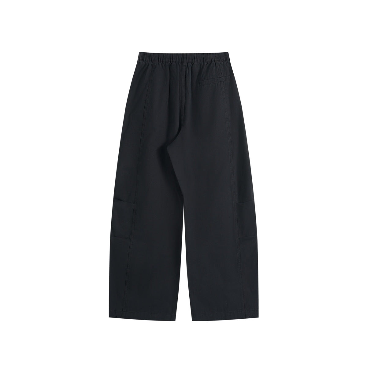 Back view of black wide-leg pants with an elastic waistband and a single rear pocket.