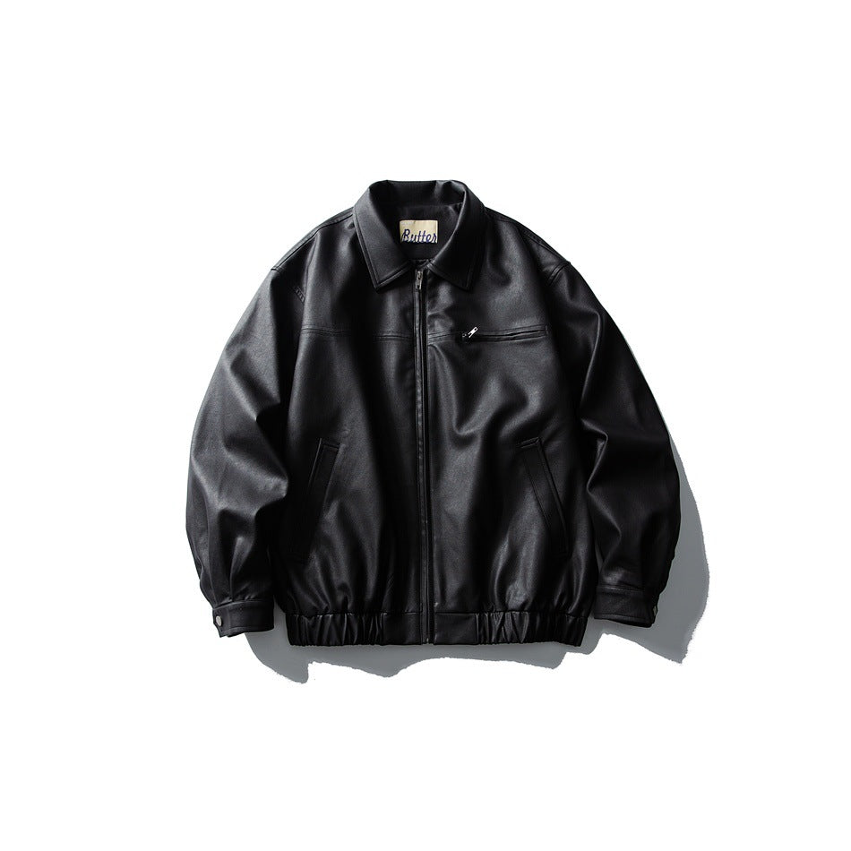 Black faux-leather-look zip jacket with turn-down collar, chest zip pocket and elastic hem, flat lay front view