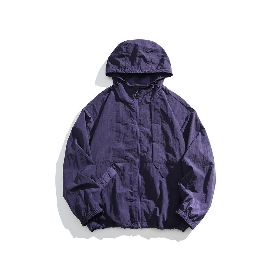 Eggplant purple hooded zip jacket with crinkled texture, flat lay front view