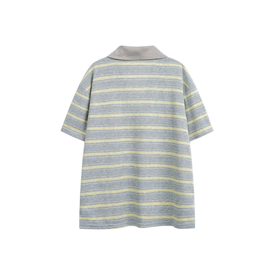 Back view of a gray short-sleeve polo with pale yellow horizontal stripes and a gray collar.