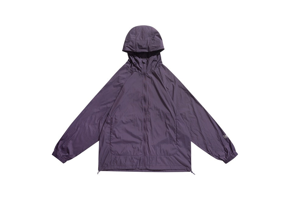 Purple hooded zip-up lightweight jacket with elastic cuffs and drawcord hem, flat front view