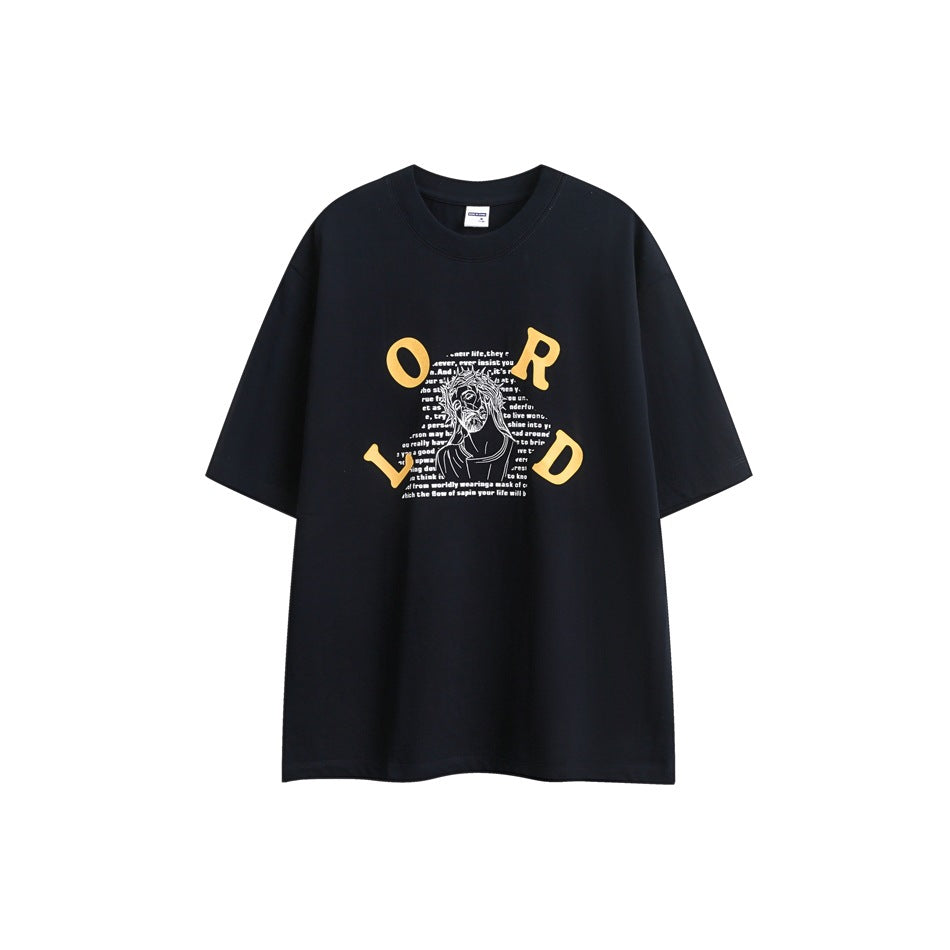 Navy short-sleeve T-shirt with yellow LORD lettering and white line-art portrait graphic, flat front view