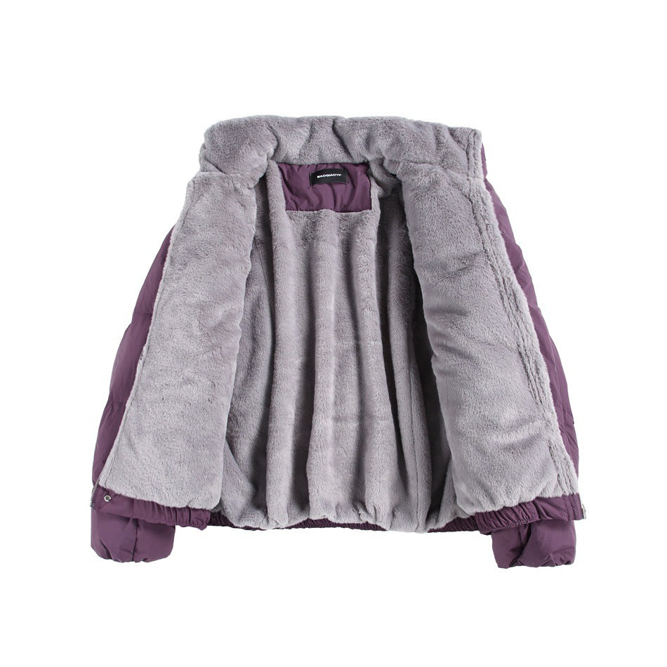 Plum padded jacket opened to show its gray plush lining and inner neck label.