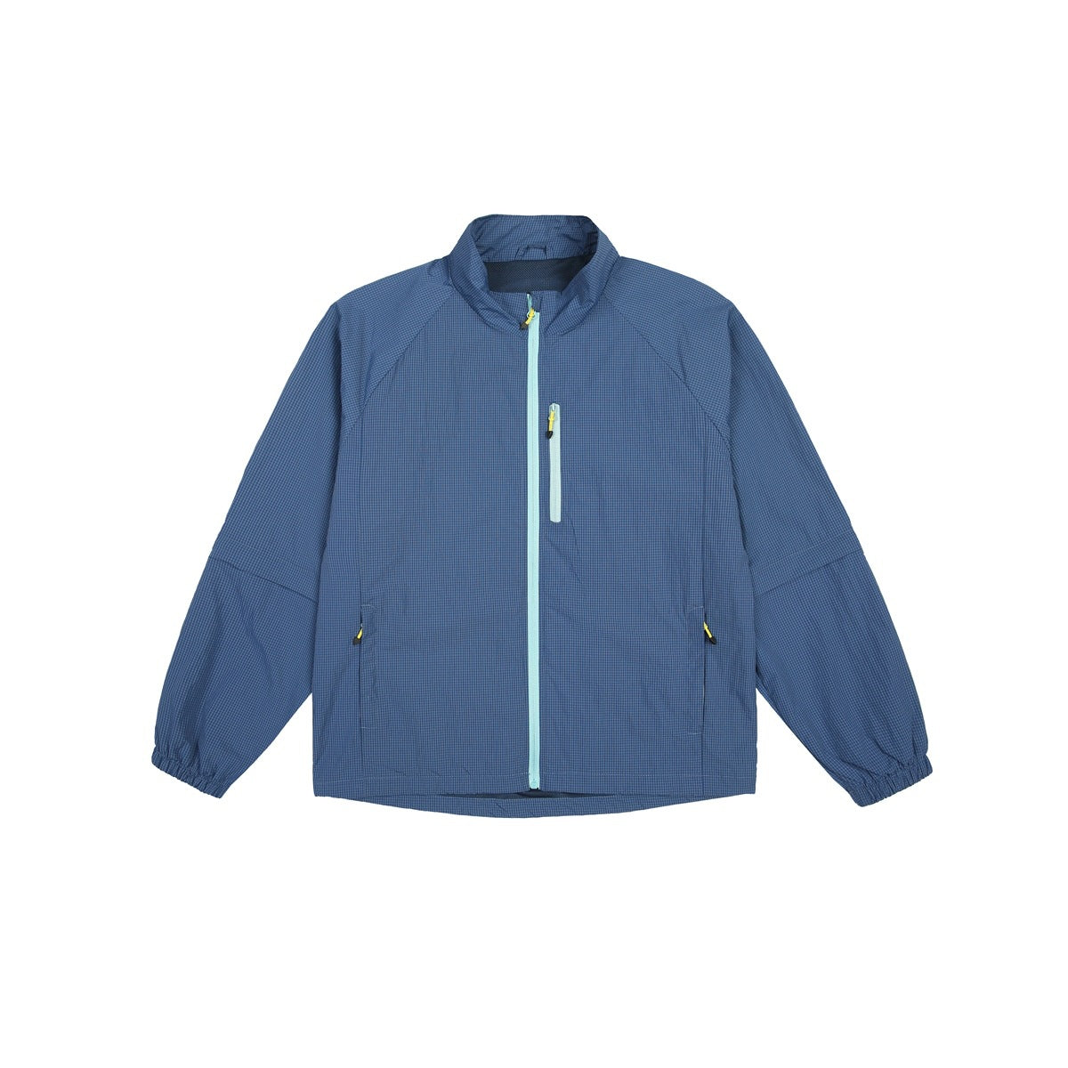 Blue zip-up stand-collar jacket with light aqua front zipper and chest pocket, flat front view