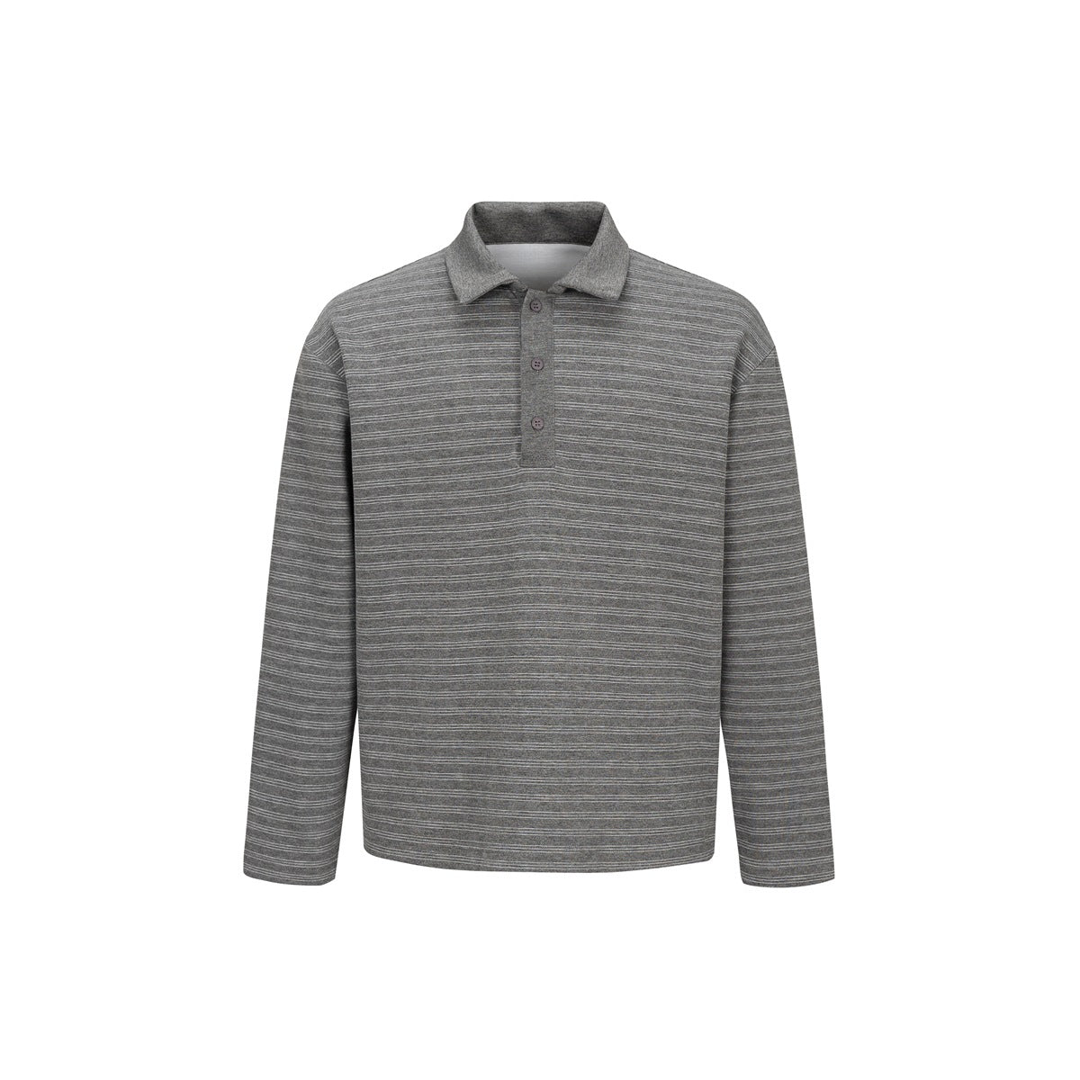 Dark gray long-sleeve polo top with white pinstripes, folded collar and three-button placket, front view
