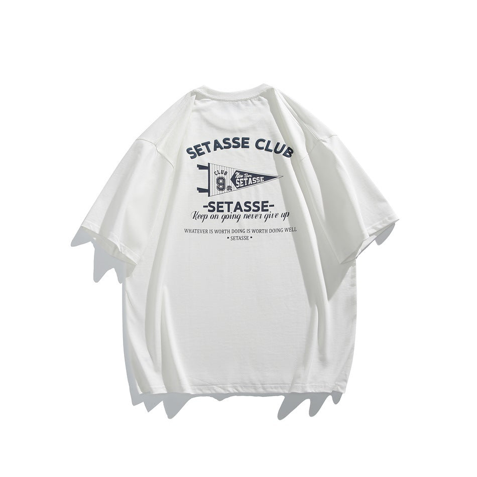 White short-sleeve crew-neck T-shirt, back view, with navy 'SETASSE CLUB' lettering and pennant graphic