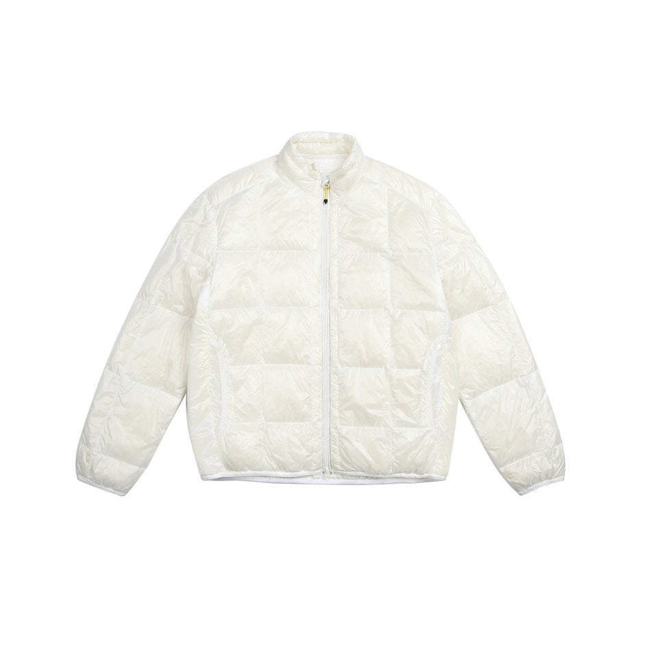 White quilted puffer jacket with stand collar and front zipper, flat front view