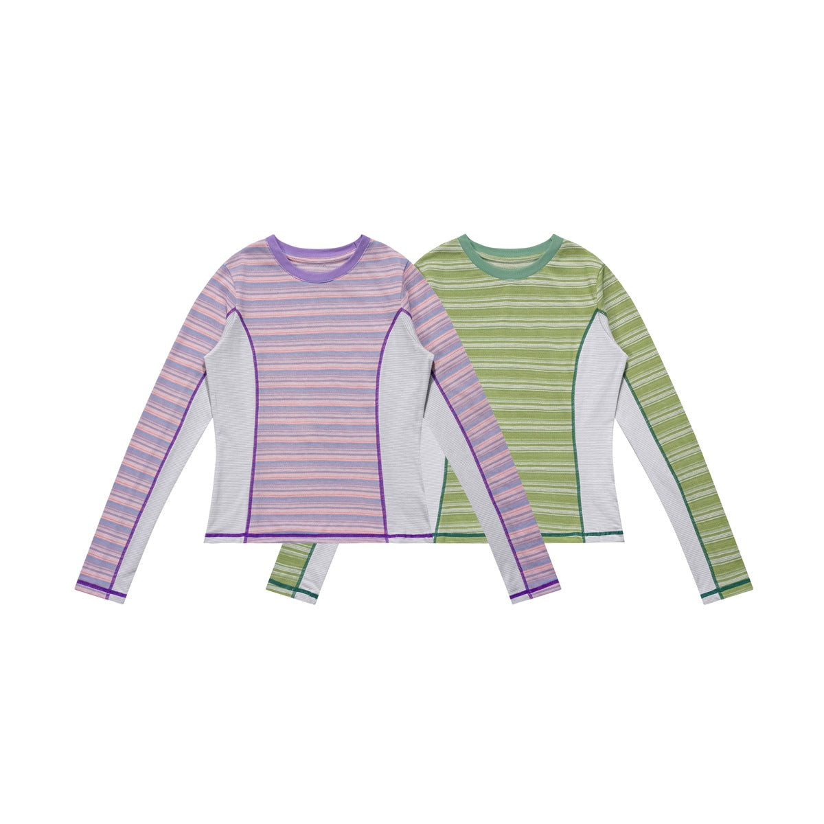 Two long-sleeve shirts shown flat: one pink and blue striped with purple trim, the other green striped with green trim; both