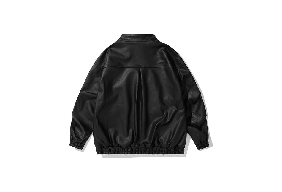 Back view of a black leather-look jacket with a back yoke seam, center pleat, elastic cuffs and hem
