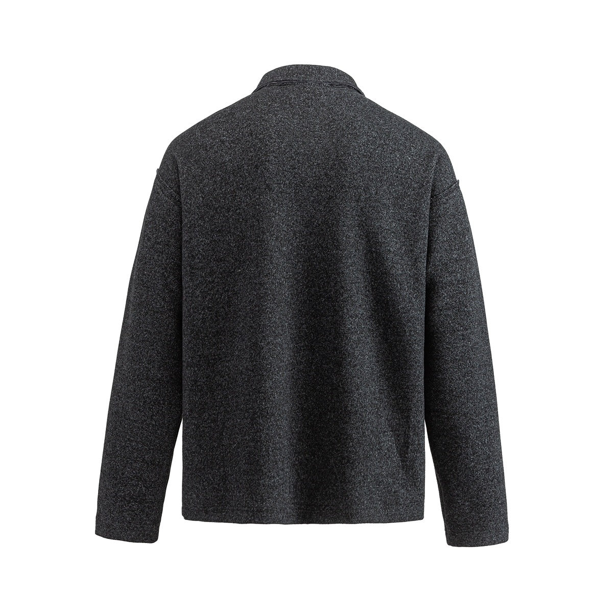 Back view of a charcoal gray heathered long-sleeve pullover with a collar.