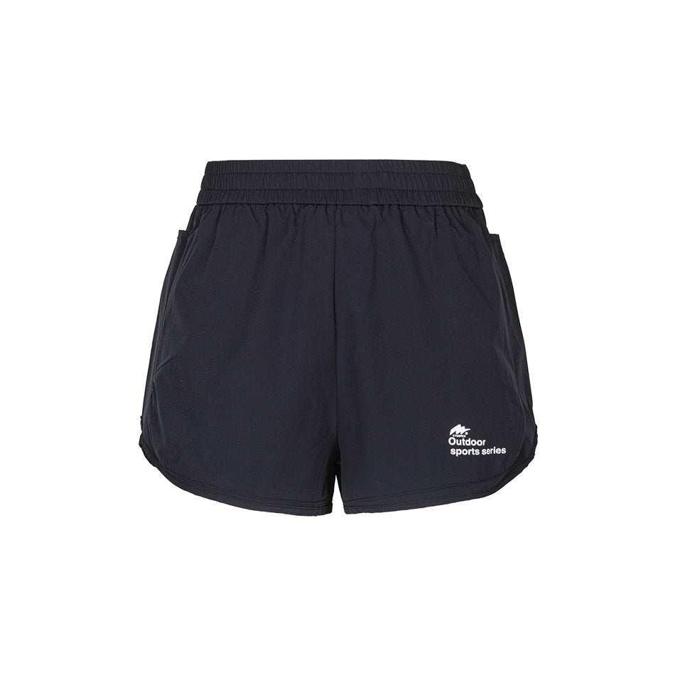 Black athletic shorts with wide elastic waistband, side pockets and white Outdoor sports series print, front view