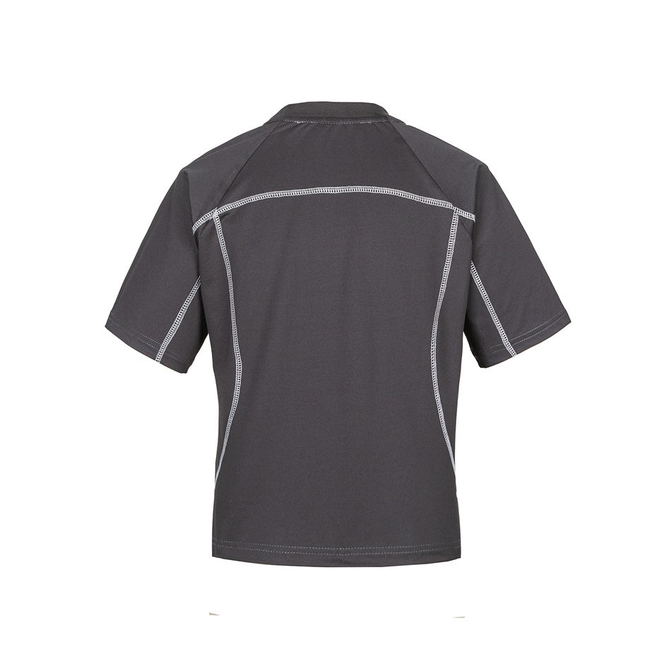 Back view of a charcoal-gray short-sleeve crew-neck shirt with curved white seam accents.