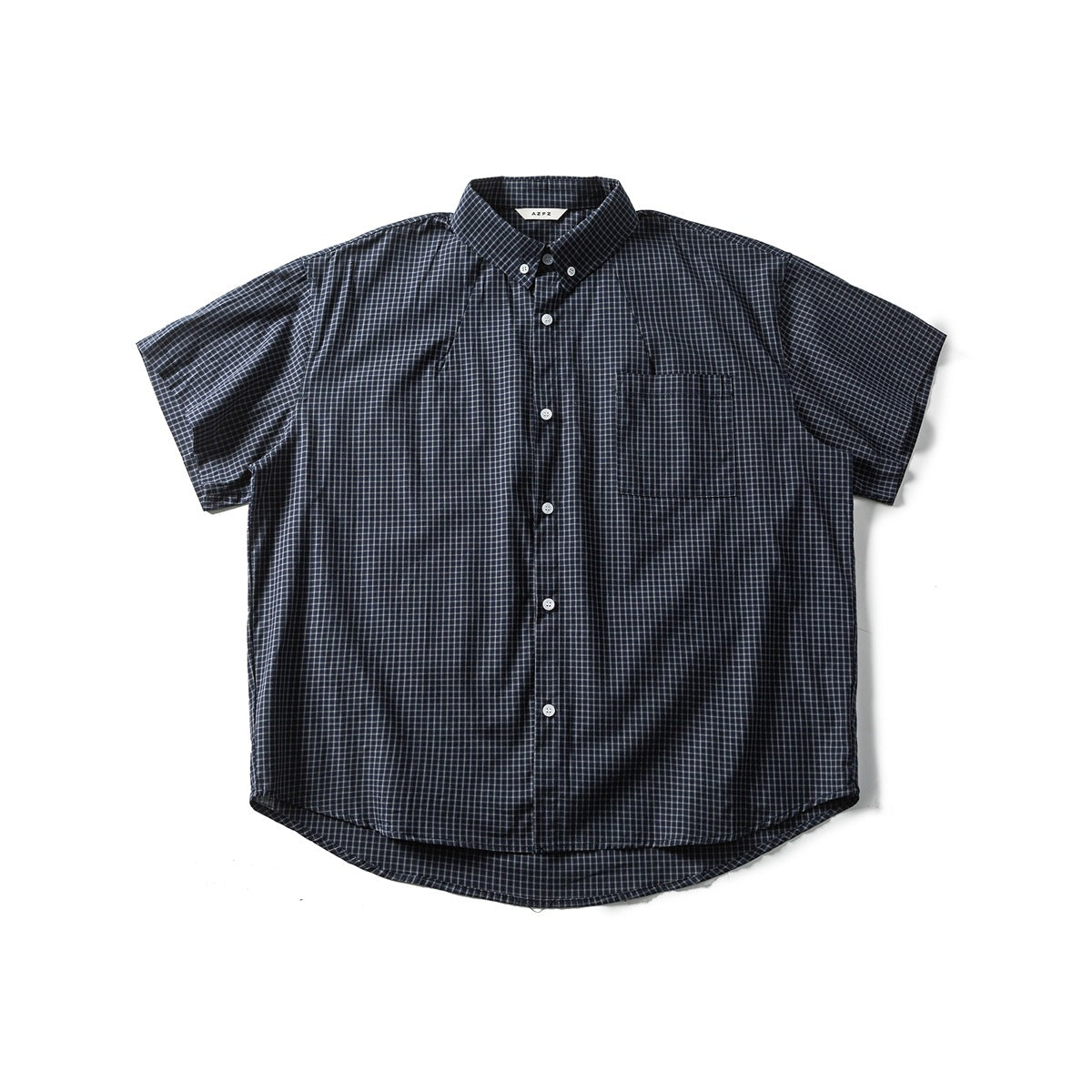 Navy small-check short-sleeve button-up shirt with chest pocket, flat lay front view