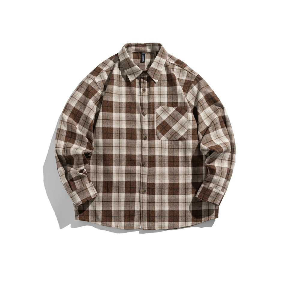 Brown, beige and cream plaid long-sleeve button-up shirt, flat lay front view with chest pocket and point collar