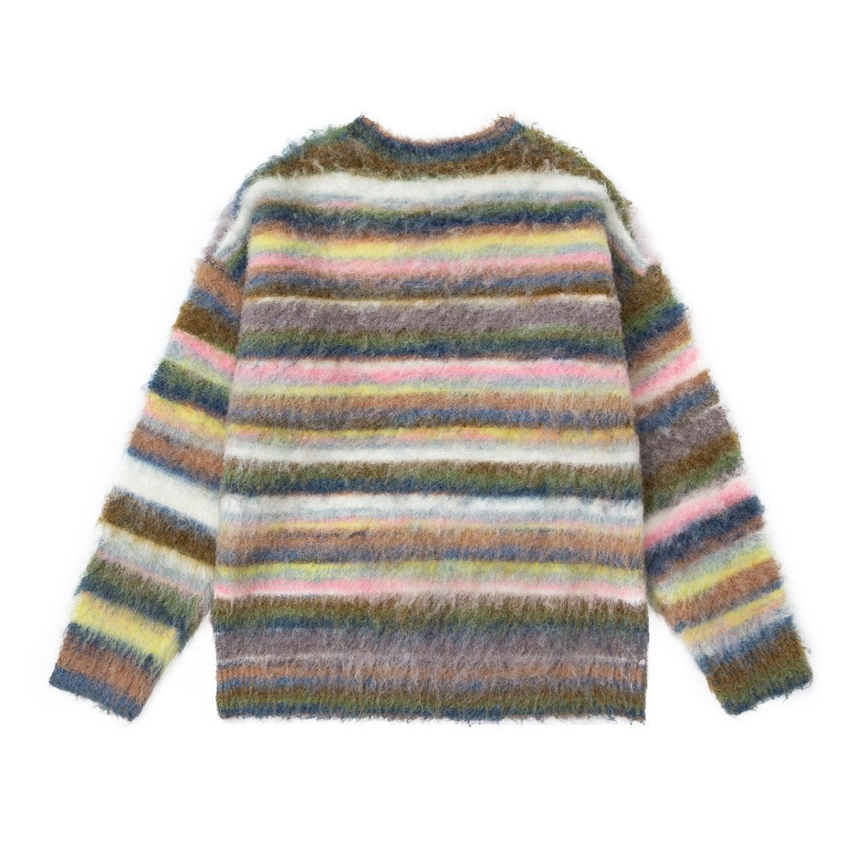 Back view of a fuzzy crewneck sweater with multicolored horizontal stripes, shown flat against a white background.