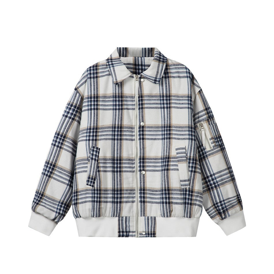 White, navy and beige plaid bomber-style jacket with zipper, snaps, flap pockets and ribbed cuffs, flat front view