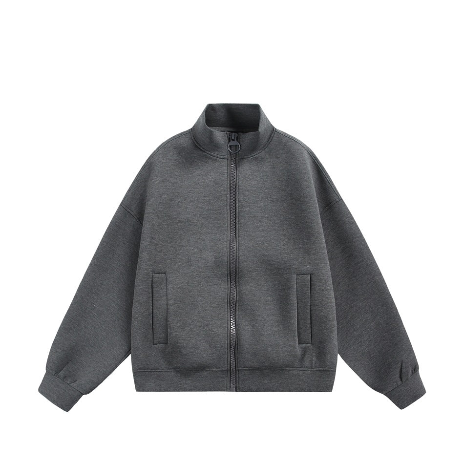Dark gray heathered stand-collar zip jacket flat lay, front view with large zipper and welt pockets