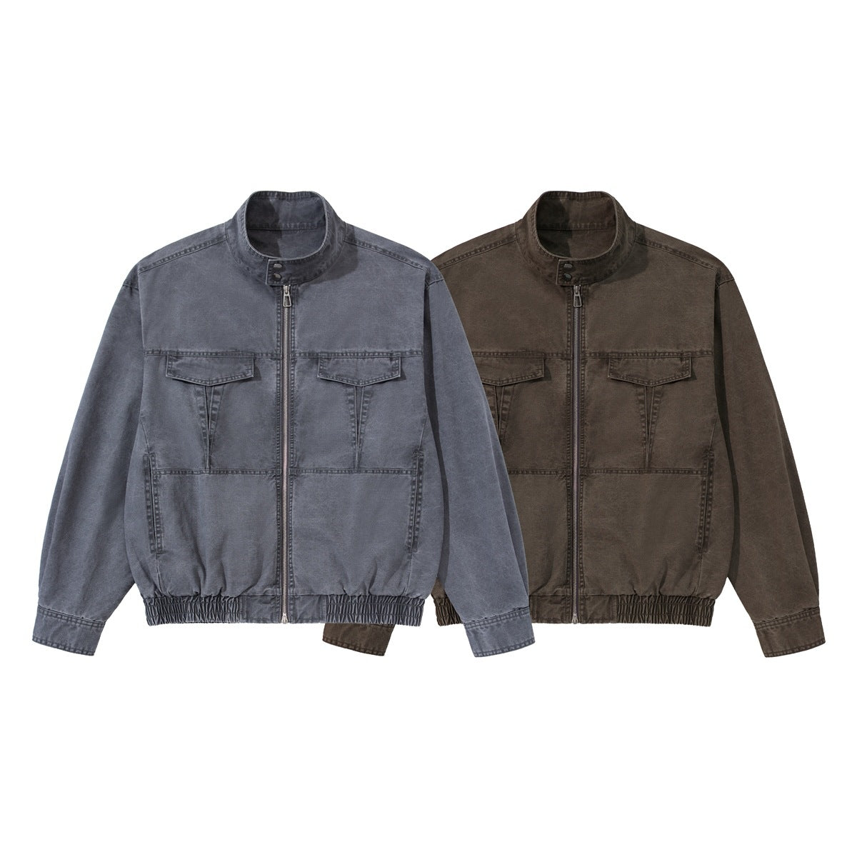 Two front-view jackets with stand collars, zip fronts, flap chest pockets, and elastic hems, in slate gray and brown.
