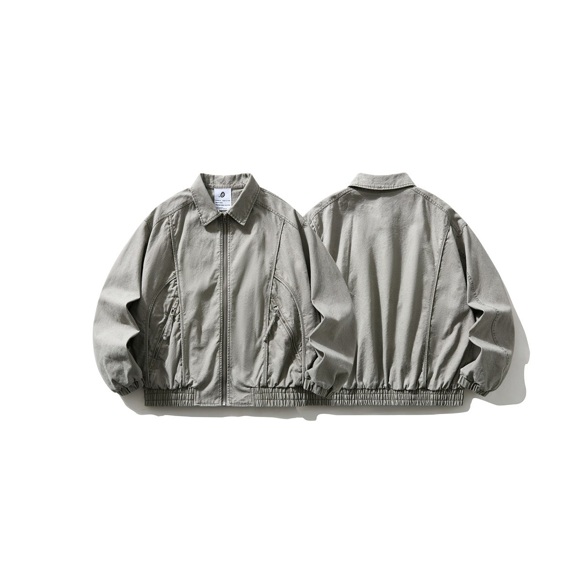 Gray washed zip-front jacket shown flat with front and back views, elastic cuffs and hem, and angled zip pockets.