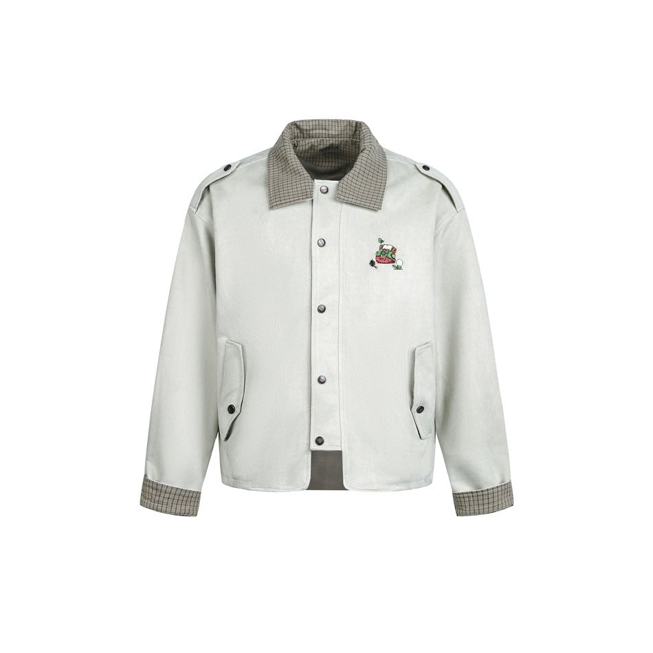 Light gray jacket with plaid collar and cuffs, snap-button front, flap pockets and a small embroidered chest graphic