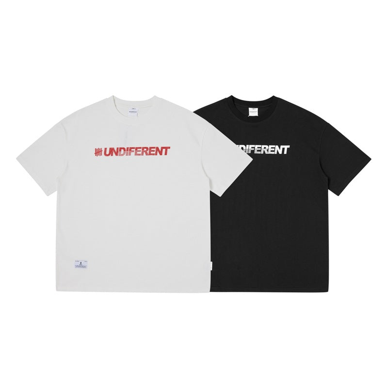 White and black short-sleeve T-shirts shown from the front, each with a small chest graphic.