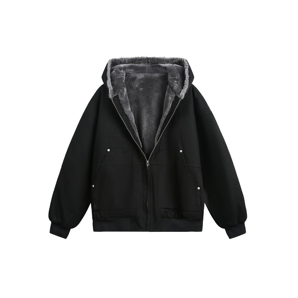 Front view of a black hooded jacket with gray fuzzy lining, a front zipper, long sleeves and two large pockets.