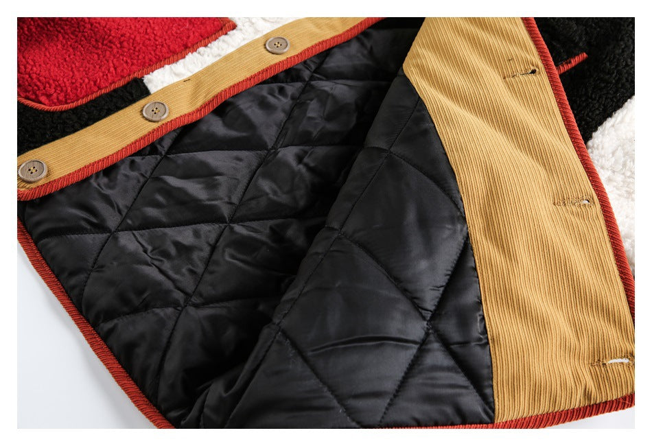Close-up of an open jacket showing black quilted lining, tan ribbed facing, brown buttons and red piping.
