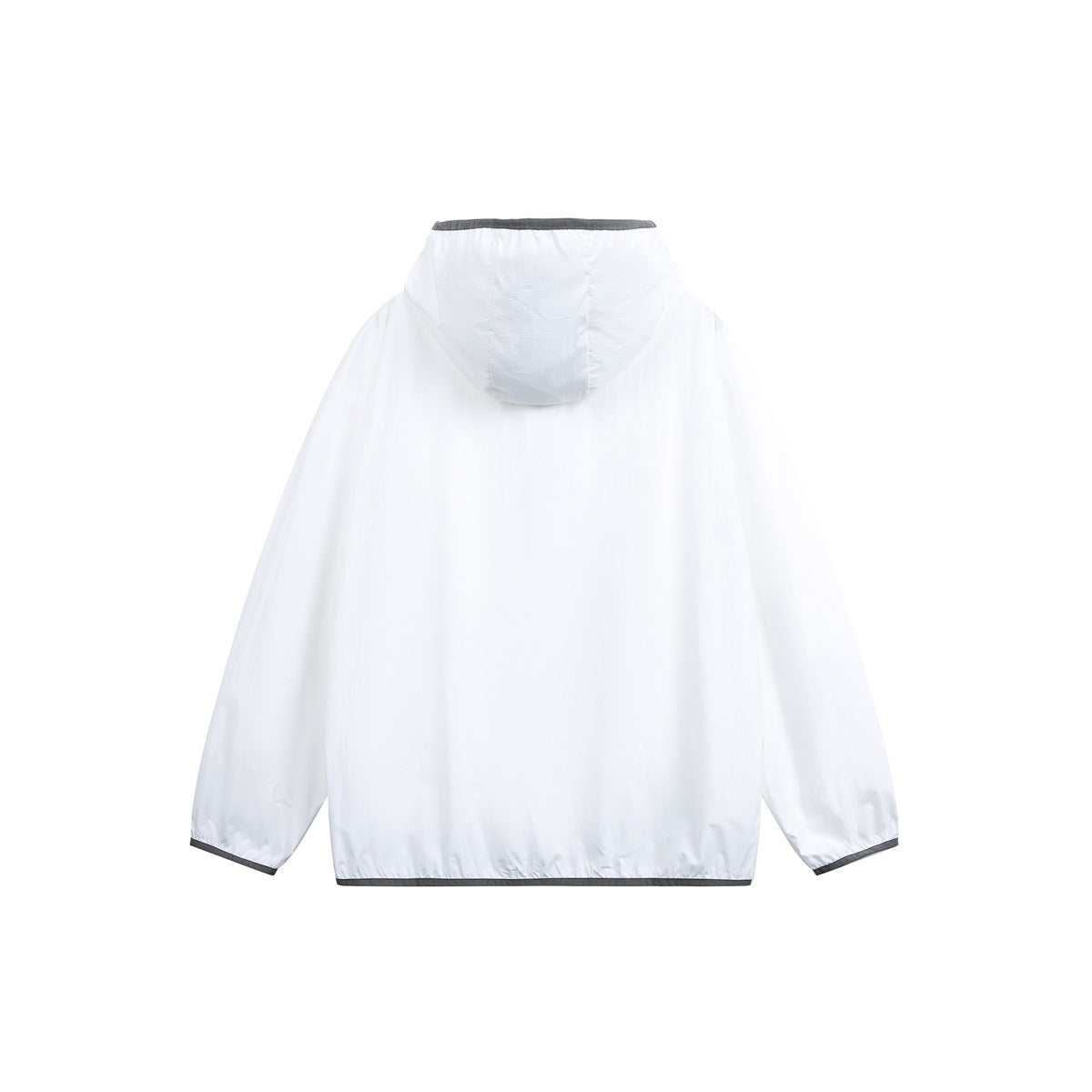Back view of white hooded lightweight jacket with gray trim on hood edge, cuffs and hem