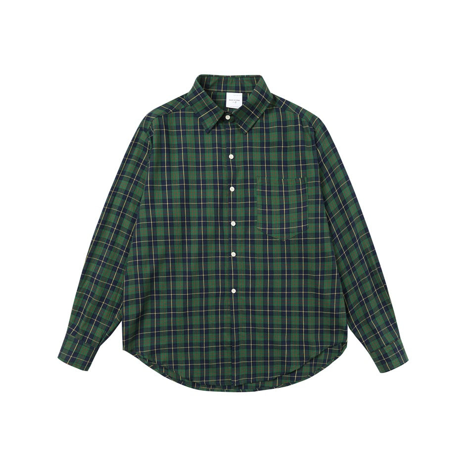 Green plaid long-sleeve button-up shirt with chest pocket, flat front view on white background