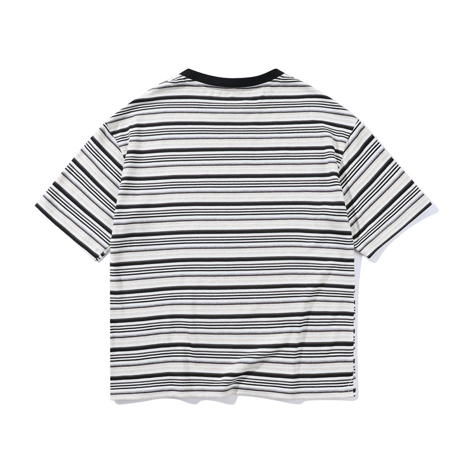 Back view of black, white and beige striped short-sleeve T-shirt with black ribbed collar, flat lay