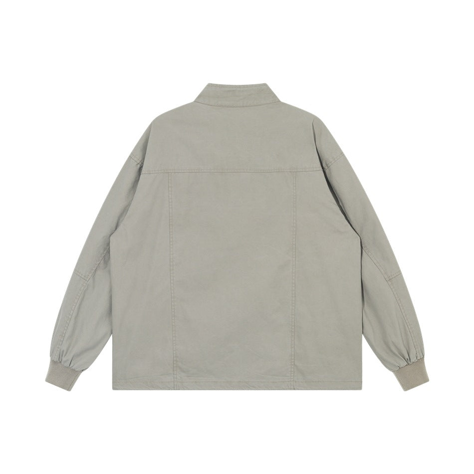 Back view of a light gray jacket with a stand collar, long sleeves, ribbed cuffs, and a straight hem.