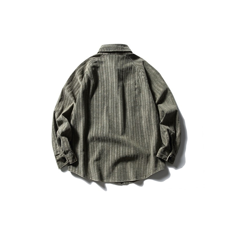 Olive green vertical-striped long-sleeve shirt laid flat, back view with raglan sleeves and curved hem