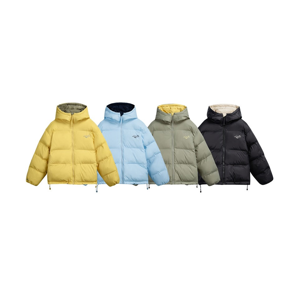 Four hooded puffer jackets shown from the front in yellow, light blue, sage green, and black.