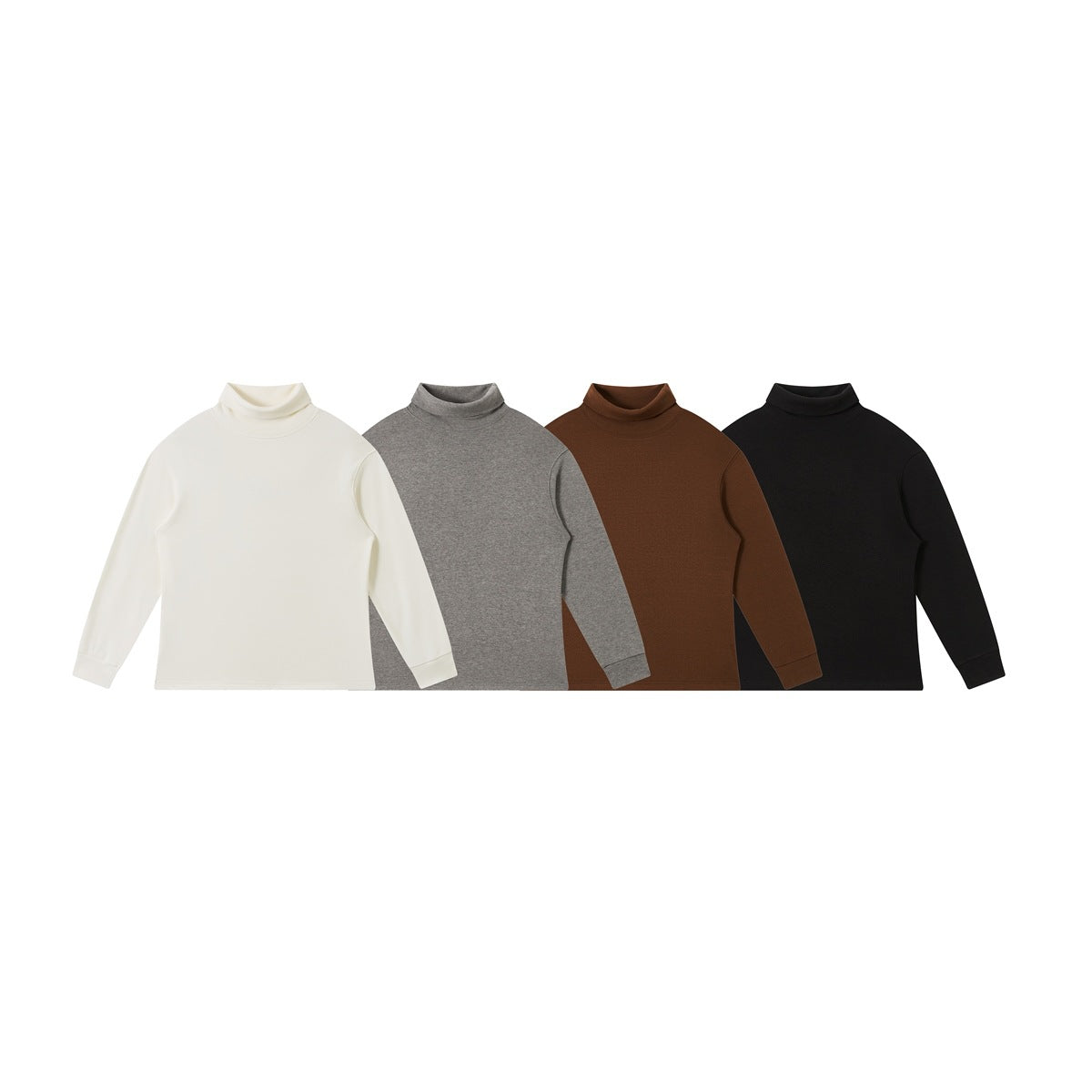 Four long-sleeve folded turtleneck tops shown in ivory, gray, brown, and black.