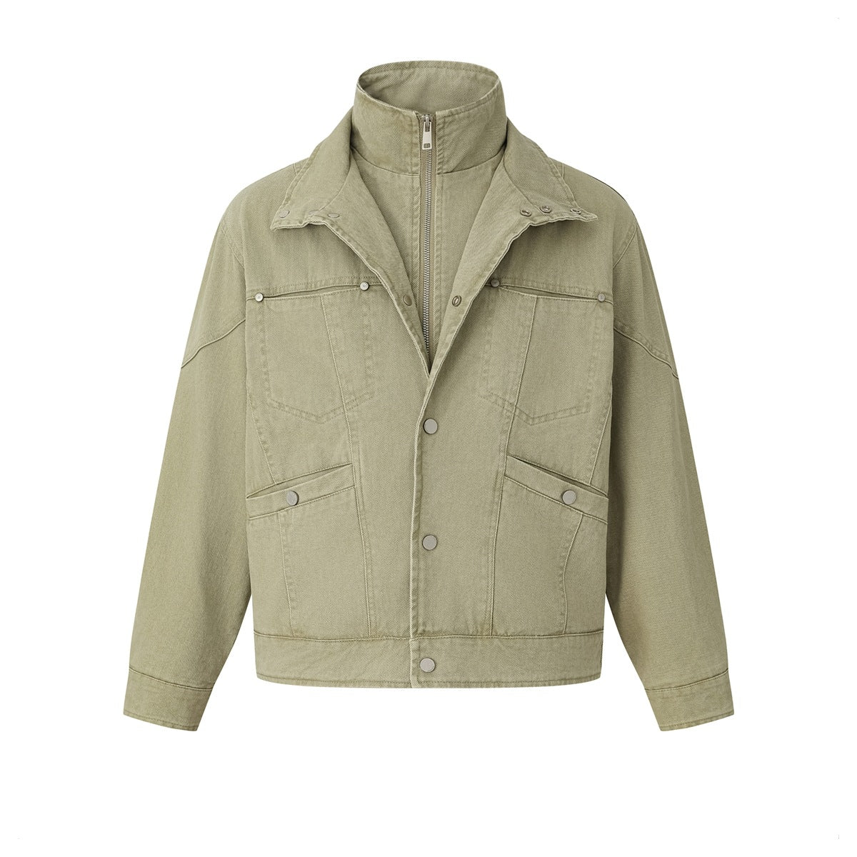 Light olive green double-layer stand-collar jacket with zip inner collar, snap front and pockets, flat front view