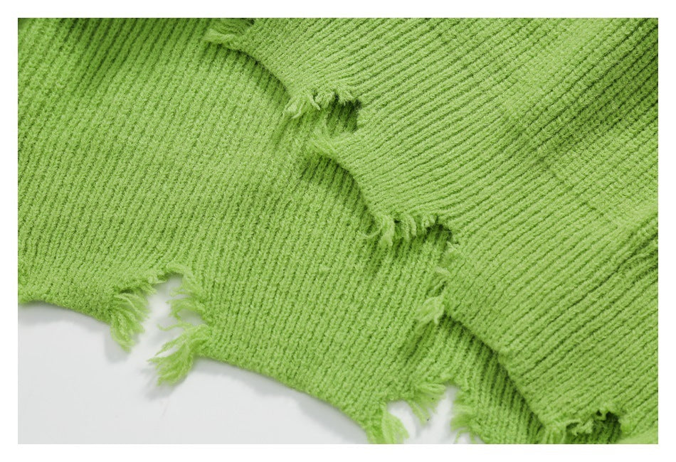Overlapping sections of lime-green ribbed knit show distressed, frayed edges.