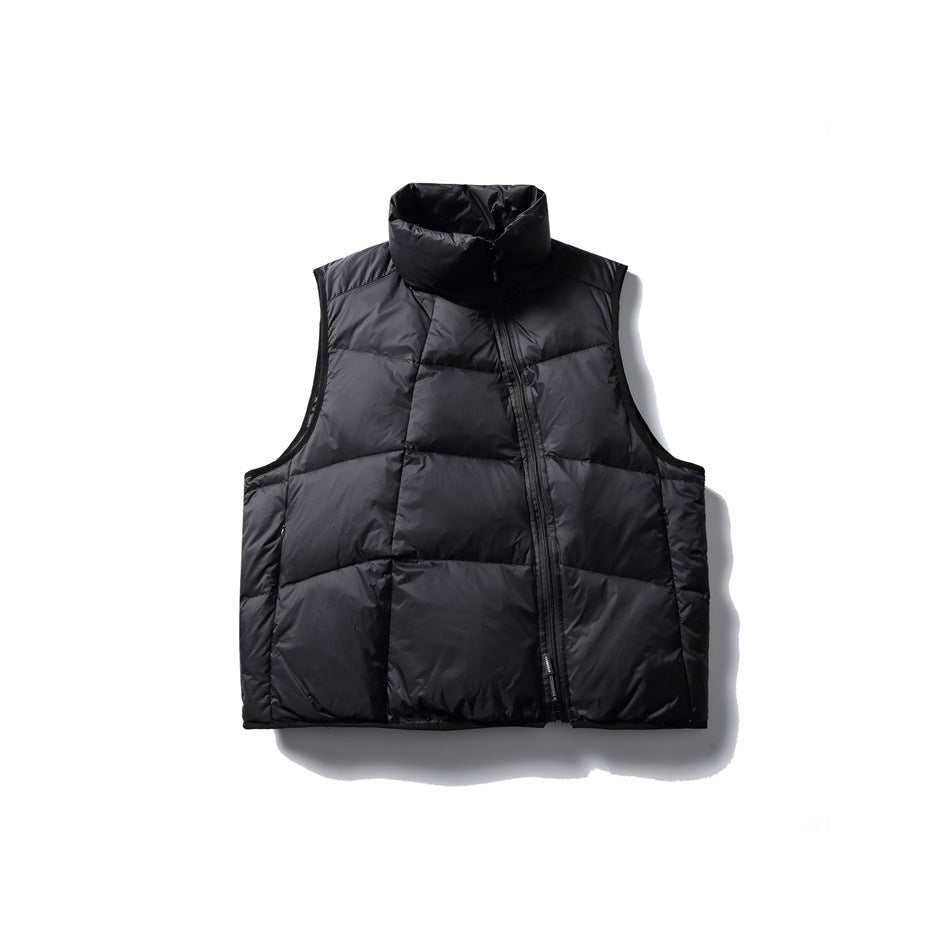 Black sleeveless quilted puffer vest with a tall stand collar and offset front zipper, shown on white.