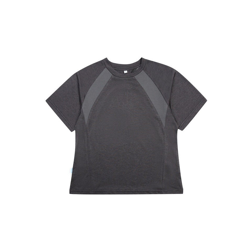 Dark charcoal short-sleeve raglan T-shirt with gray contrast shoulder panels, flat lay front view