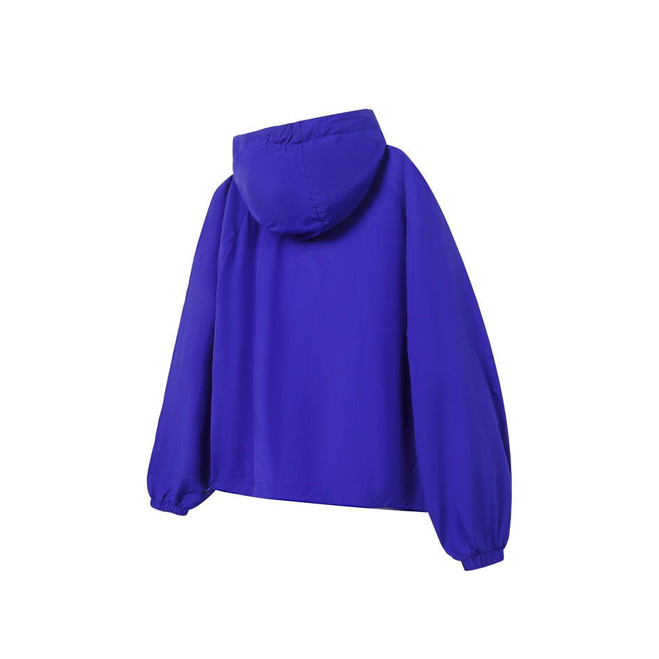 Back view of a blue hooded jacket with long sleeves and gathered cuffs.