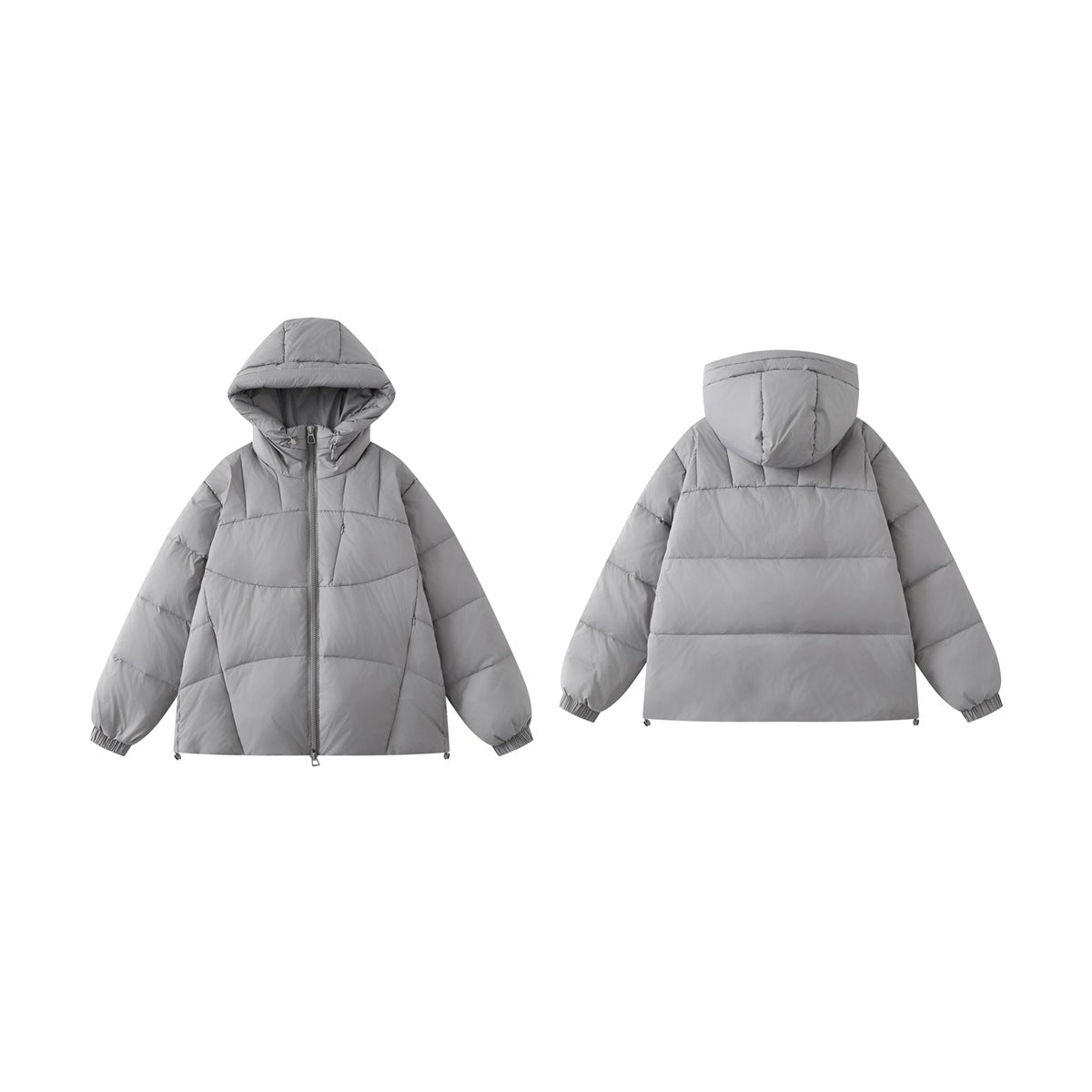 Gray hooded quilted jacket shown flat from the front and back, with elastic cuffs and a full-length zipper.