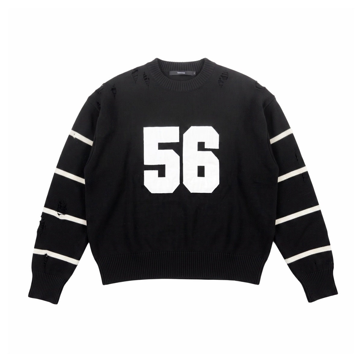 Black knit crew-neck sweater with white 56 appliqué, off-white sleeve stripes and distressed details, flat front view