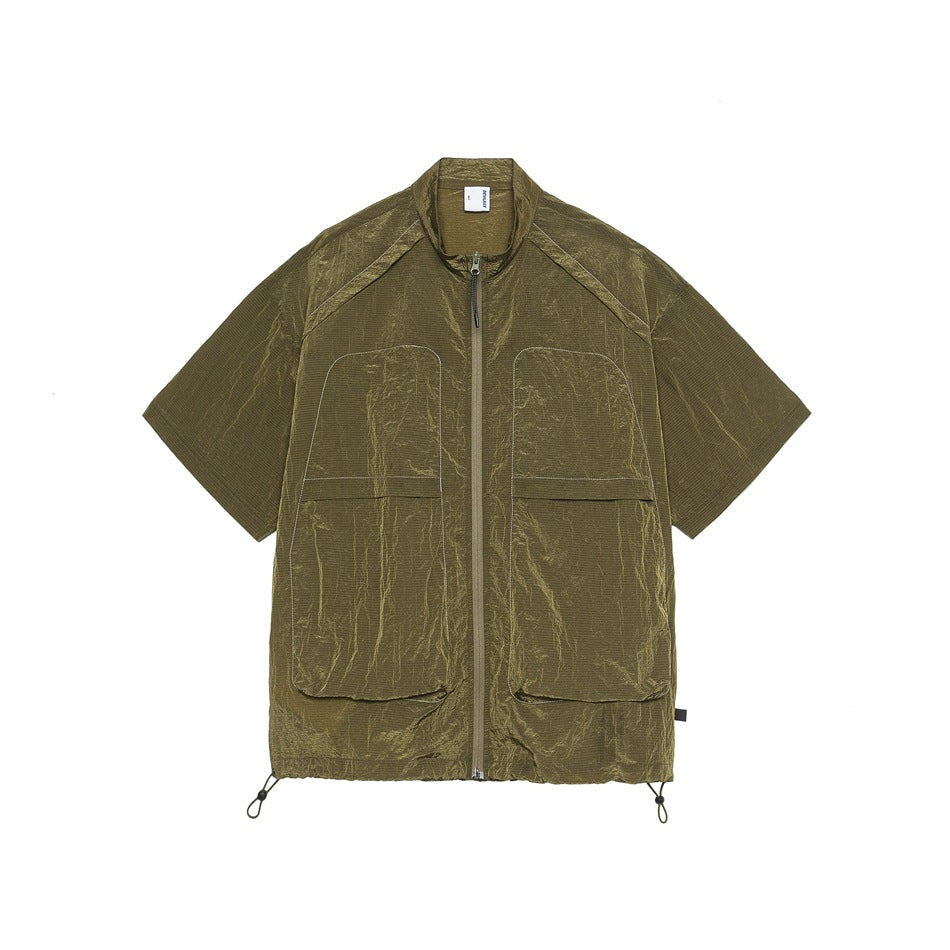 Khaki green short-sleeve zip-front stand-collar shirt with large flap pockets and hem drawcords, flat front view