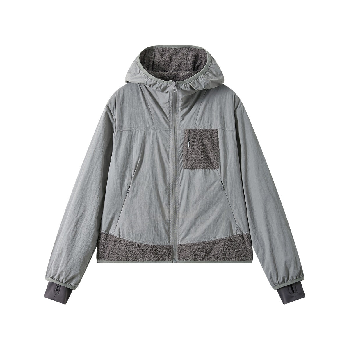 Gray hooded zip jacket with darker fleece-like chest pocket and hem panels, flat front view