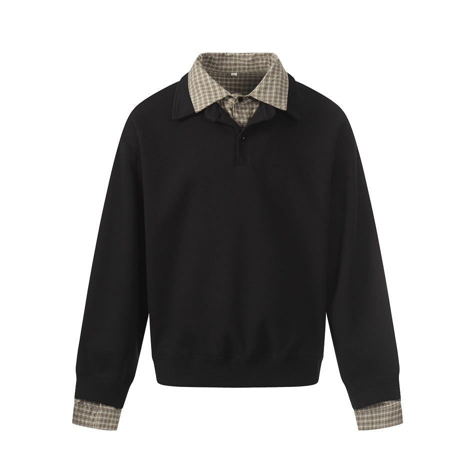 Black pullover sweatshirt with plaid shirt collar and cuffs, two-button placket, front flat lay