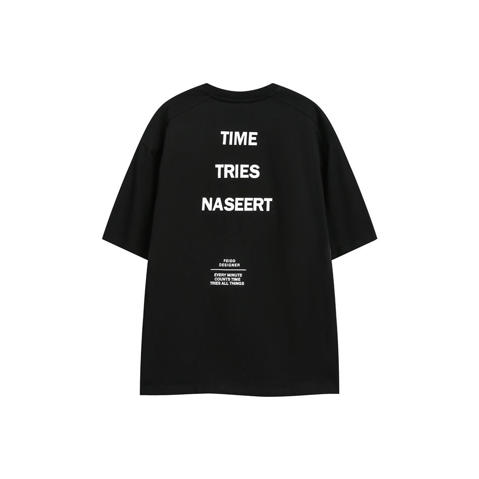 Black short-sleeve T-shirt back with white TIME TRIES NASEERT block text print and small text block