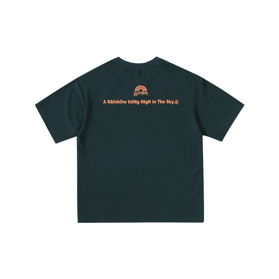 Back view of a dark green short-sleeve T-shirt with a small orange rainbow graphic and text across the upper back.