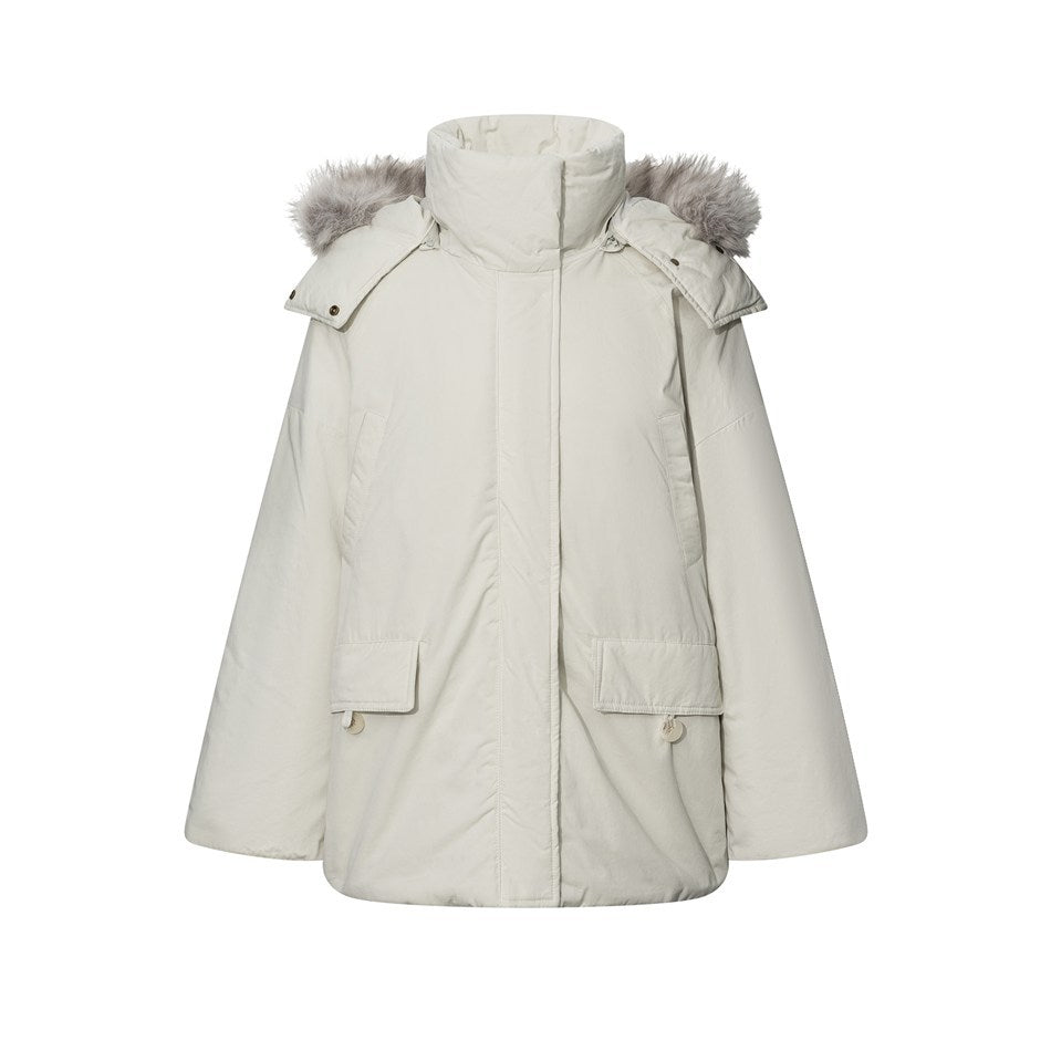 Beige hooded jacket with gray fleece-like trim, stand collar, front placket and two flap pockets, front view