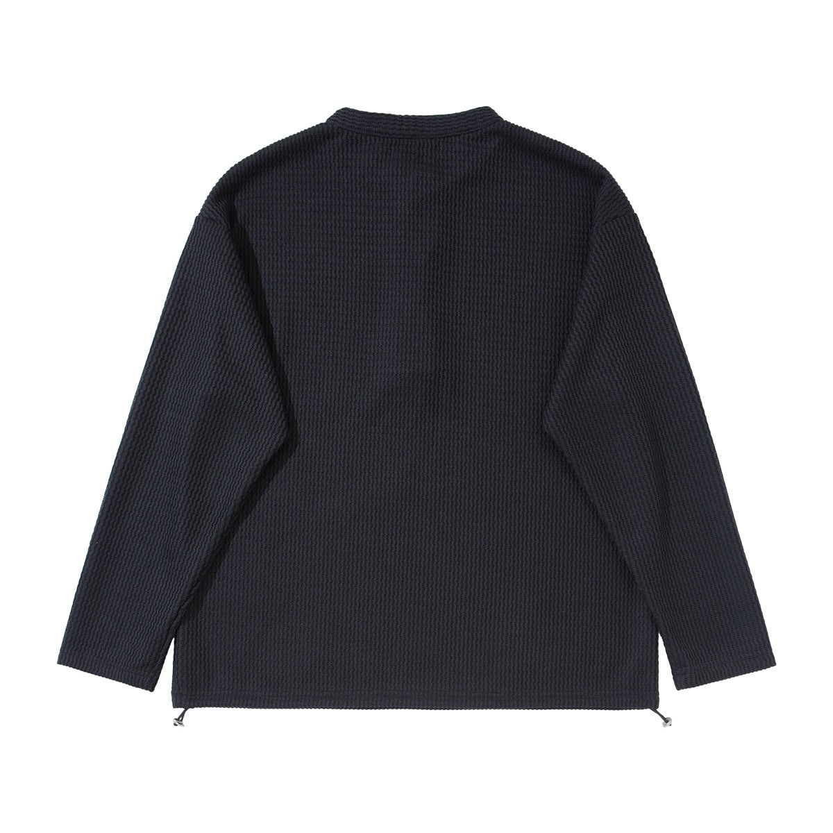 Back view of a dark charcoal long-sleeve textured pullover with an adjustable drawcord hem.
